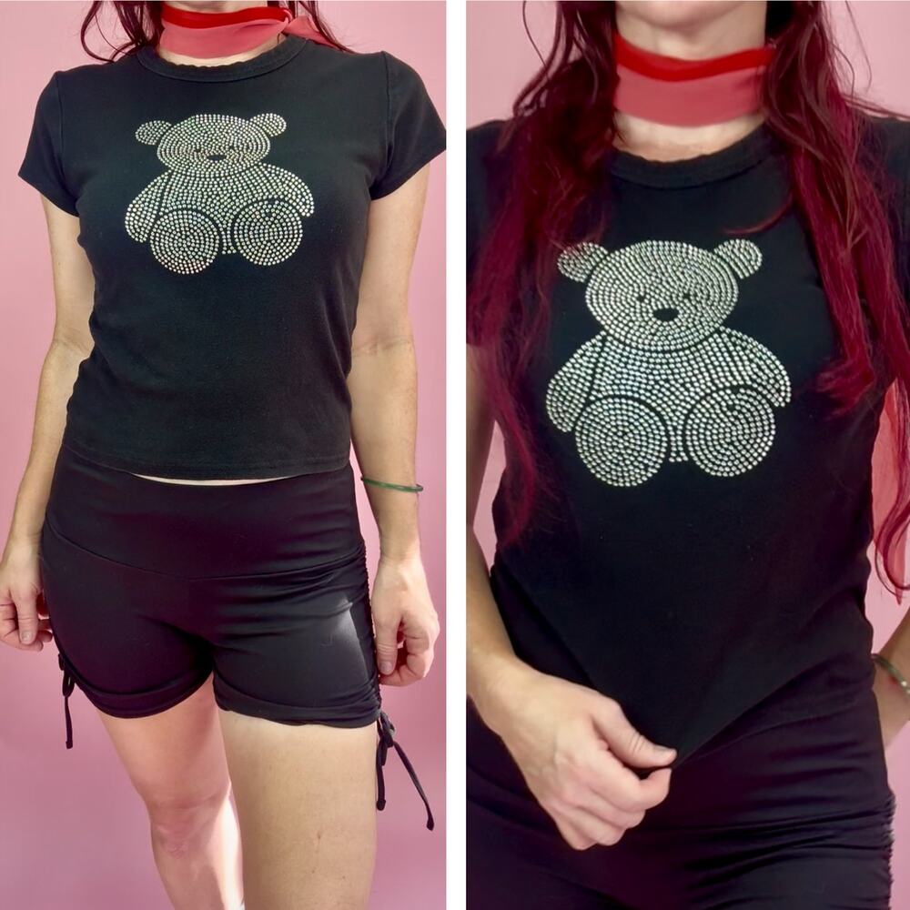 Y2K Teddy Bear Rhinestone Baby Tee Black Grunge Goth Glam Kawaii T Shirt M